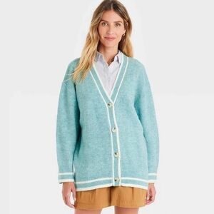 Light Blue V-Neck Button Varsity Preppy Cardigan Sweater with White Trim